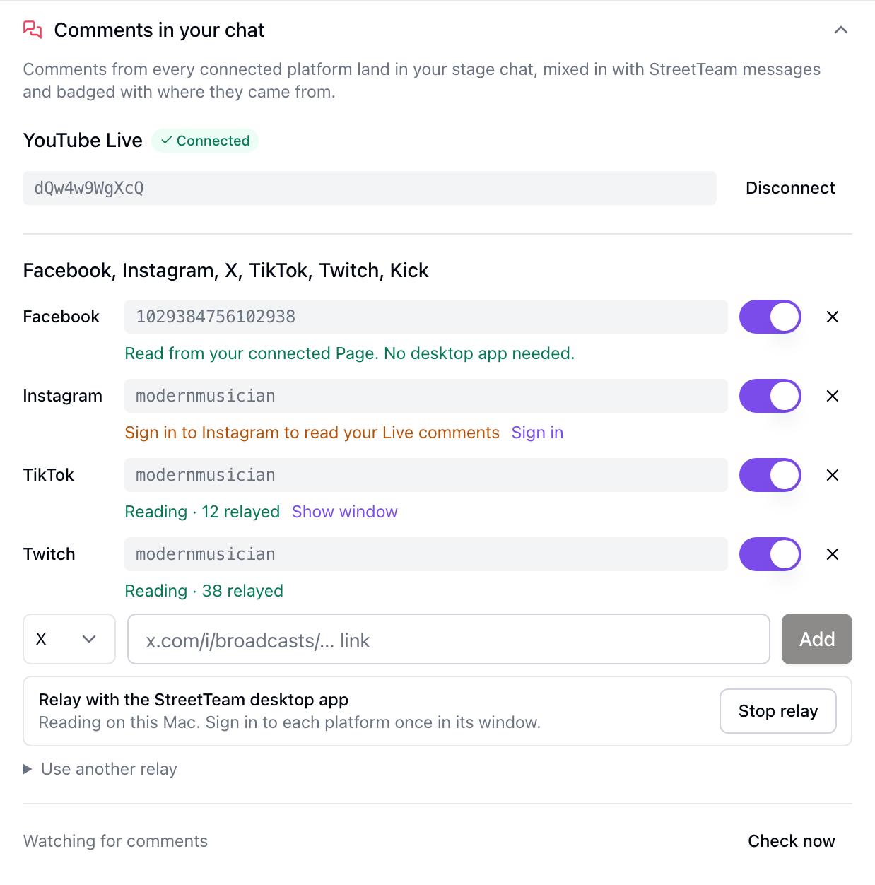 Comments in your chat: YouTube and a Facebook Page read by StreetTeam; Instagram, TikTok and Twitch relayed by the desktop app