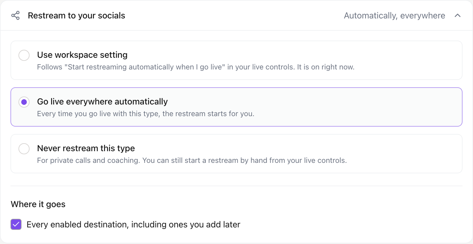 The Restream to your socials setting on an event type