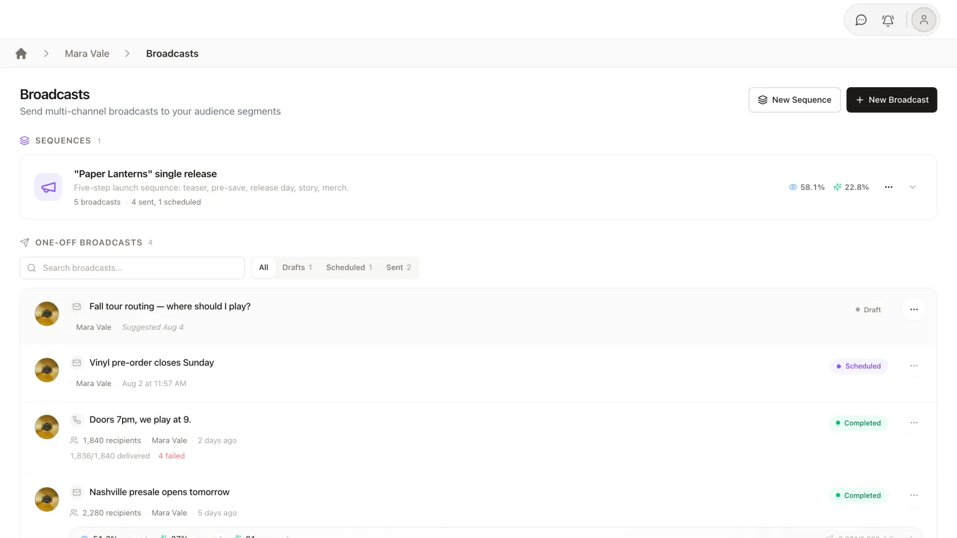StreetTeam broadcasts list with a single-release email sequence and its open and engagement rates