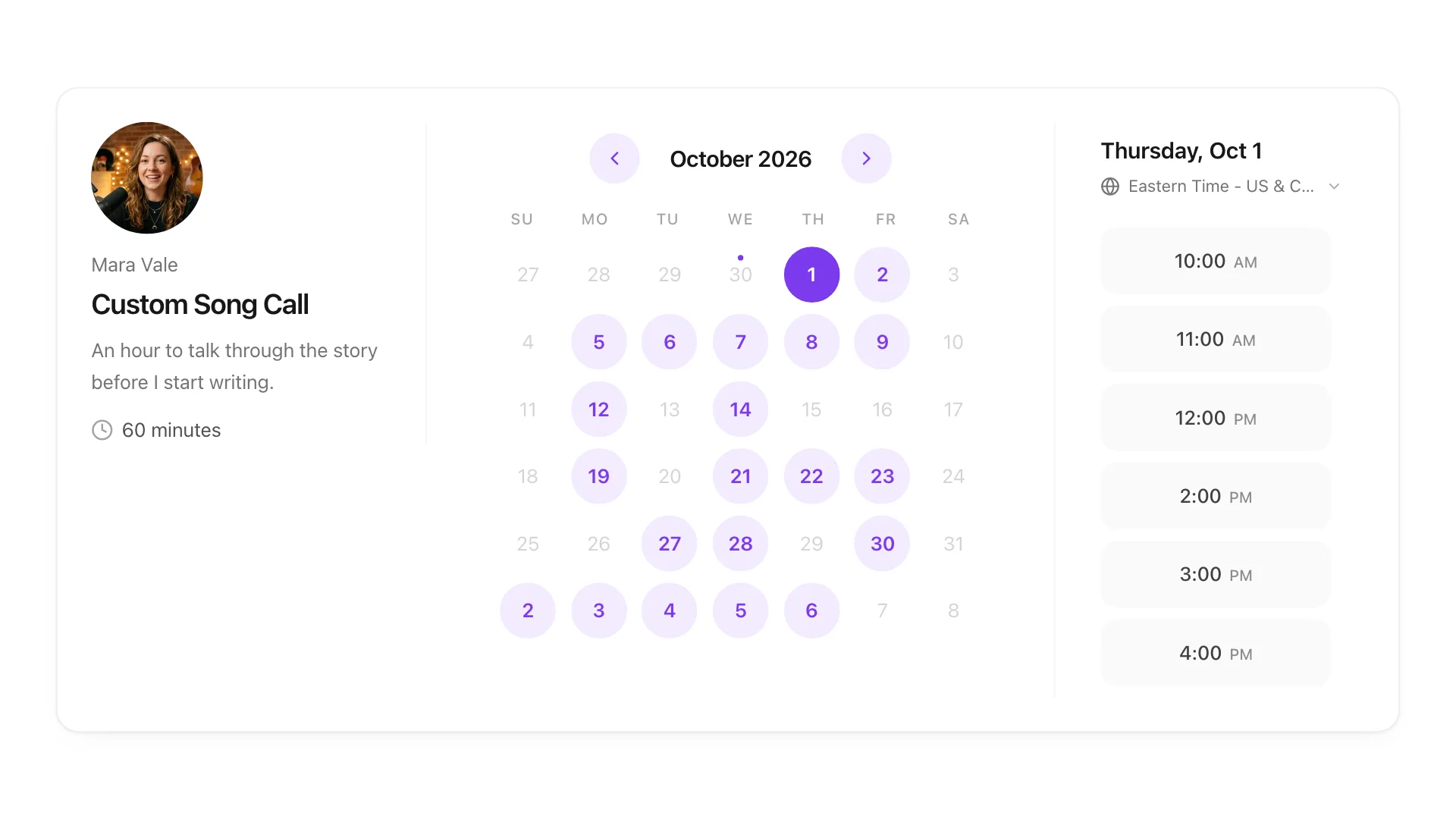 Mara Vale's StreetTeam booking page for a 60-minute Custom Song Call: her photo and the call's description beside an October calendar with most weekdays open and a few days she is away greyed out, and the open times for Thursday, October 1, where the hour she already has booked is missing from the list