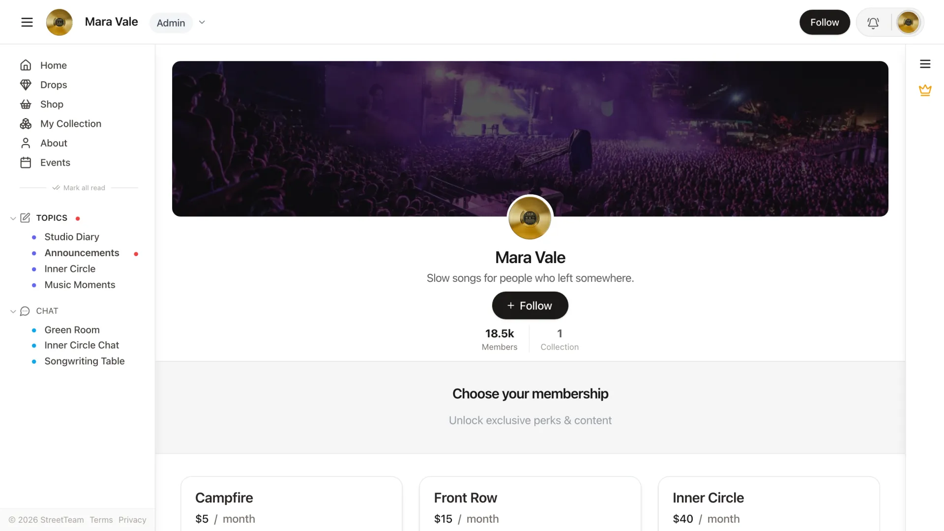 A branded StreetTeam artist community page with channels, membership tiers, and a follower count