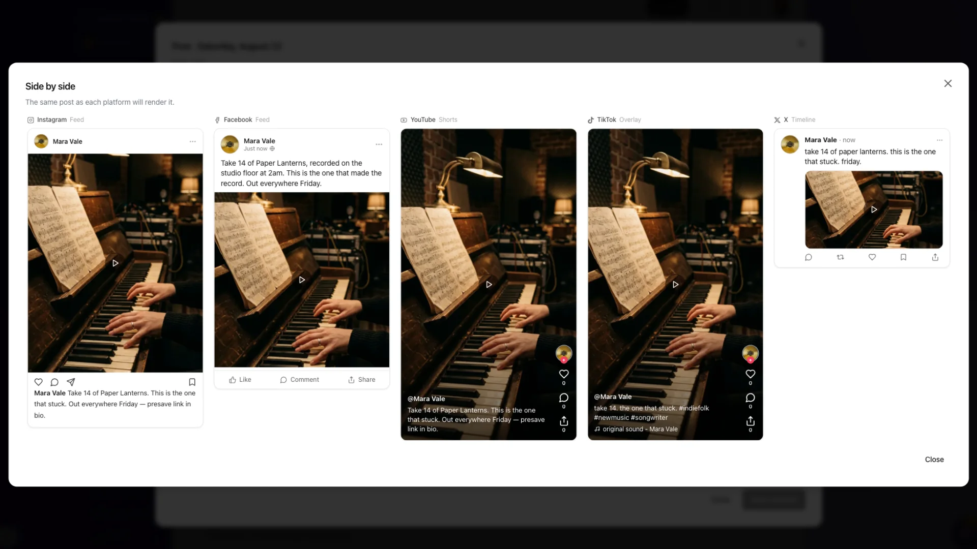StreetTeam Creative Engine side-by-side view of one reel rendered as an Instagram post, Facebook post, YouTube Short, TikTok, and X post
