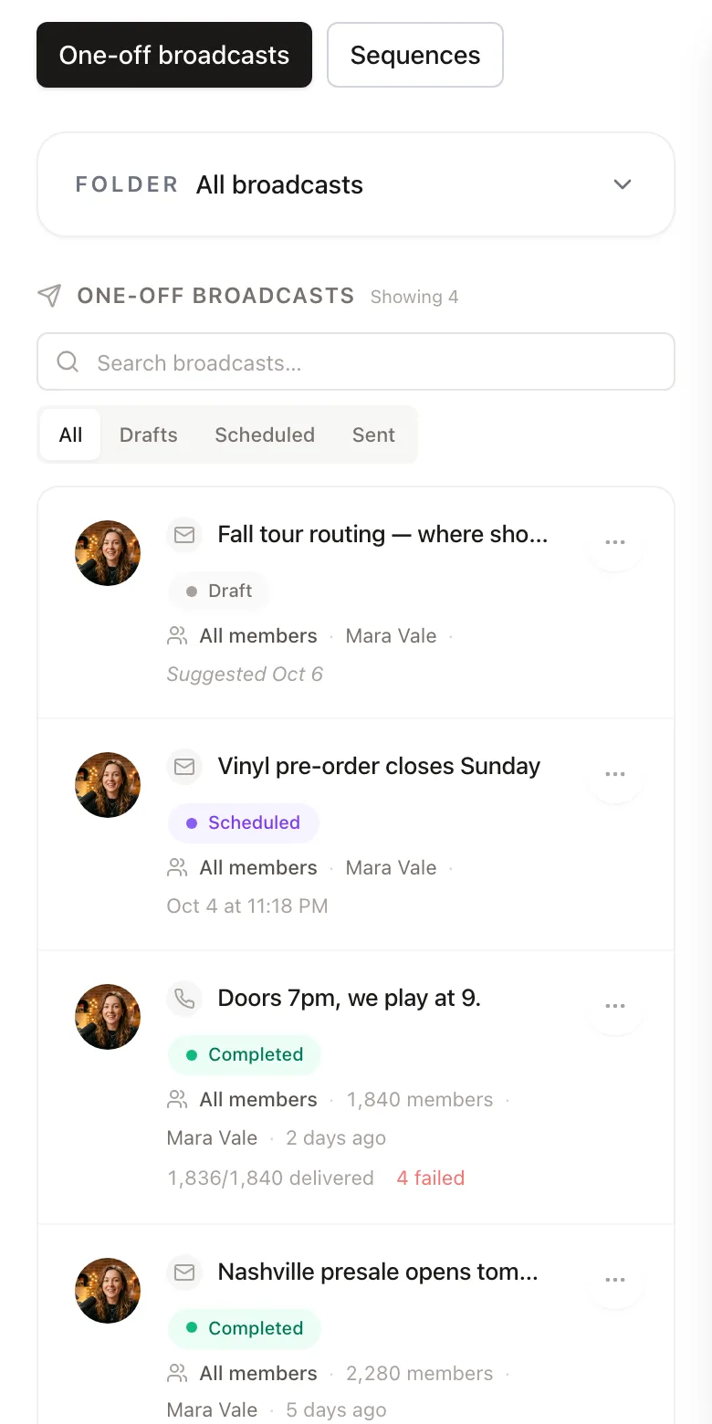 The StreetTeam broadcasts list on a phone: one-off email broadcasts to all members, a draft and a scheduled send among them
