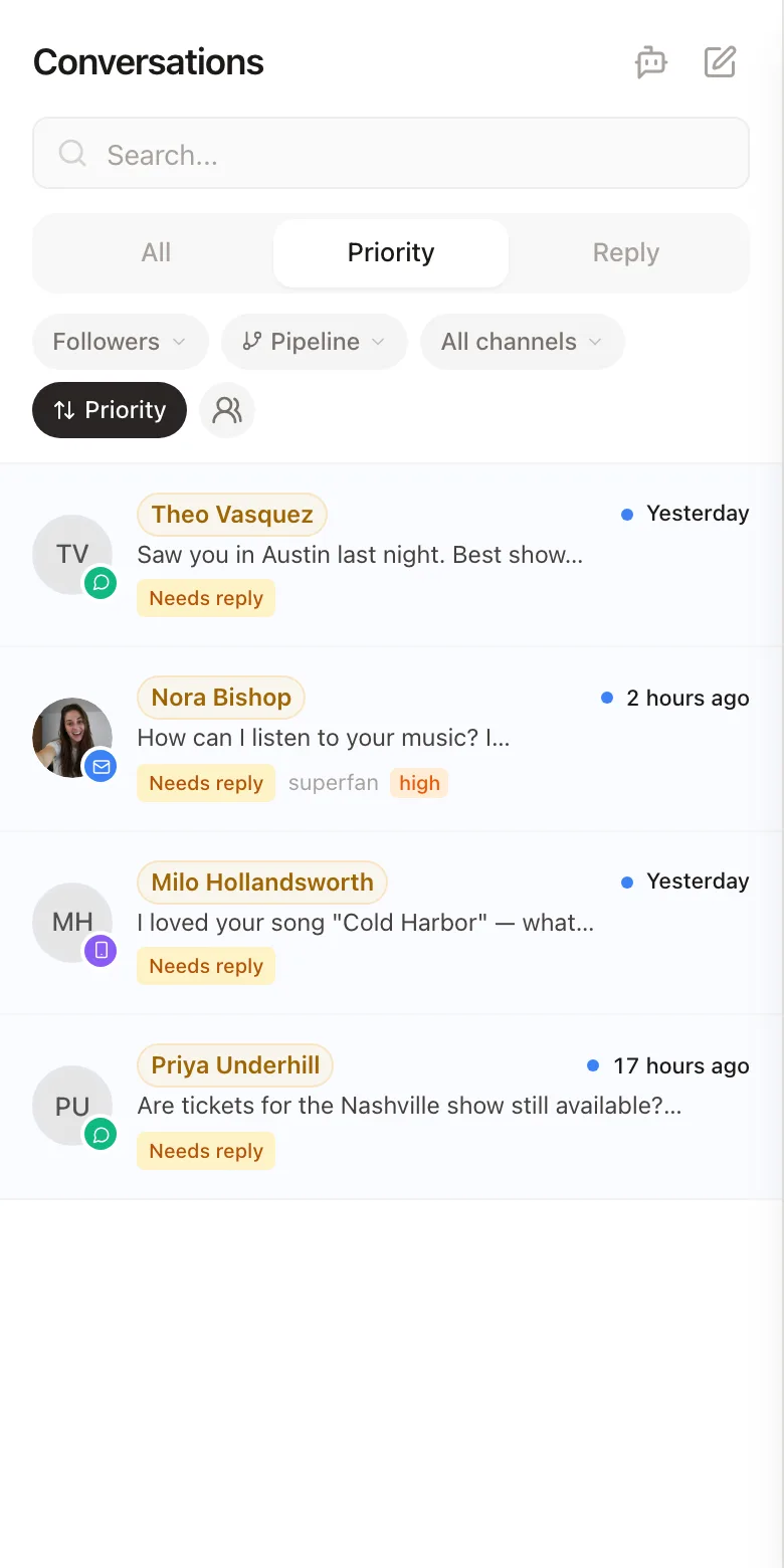 The StreetTeam conversations inbox on a phone: followers' messages from SMS, email and direct message in one list, each marked Needs reply