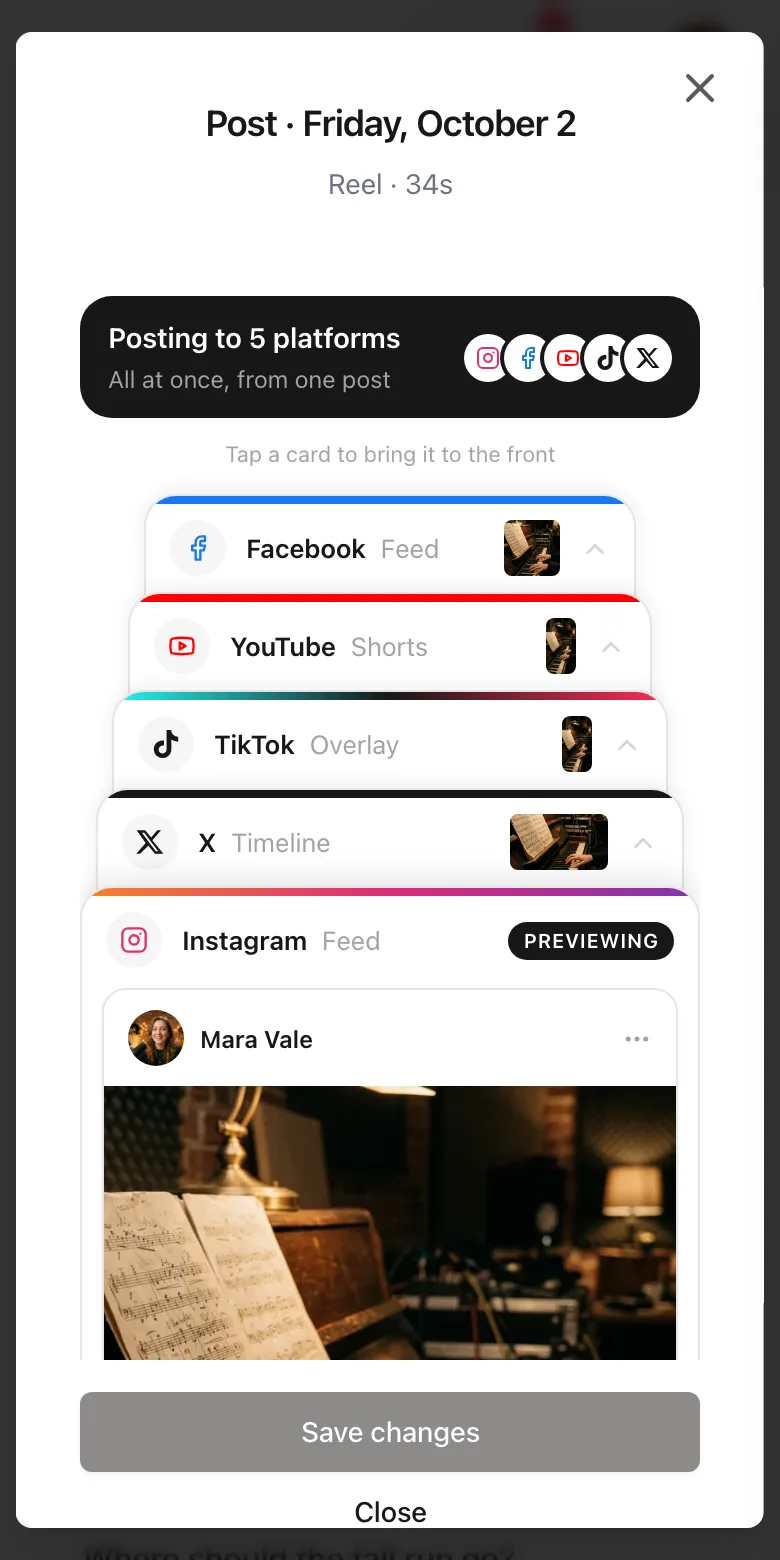A reel in the StreetTeam Social Media Engine on a phone, marked Posting to 5 platforms, all at once from one post: Facebook, YouTube Shorts, TikTok and X previews stacked in layers, each labelled with its platform, above the Instagram feed preview in front