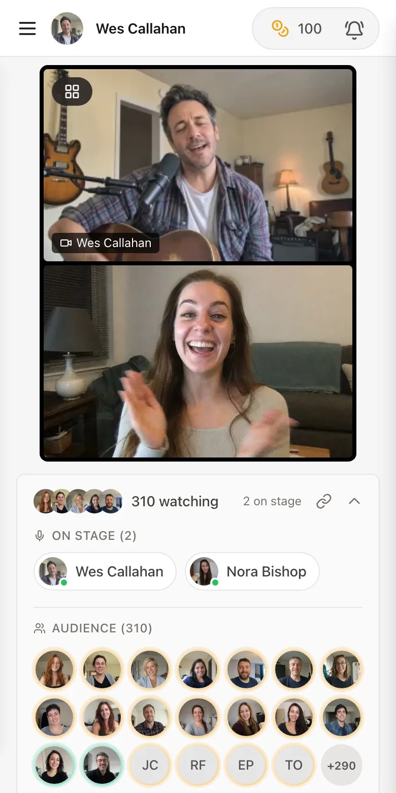 A follower watching an artist's live stage on a phone: Wes Callahan singing with his guitar above a follower he brought on stage, then 310 watching, the two people on stage, and a grid of audience faces with 290 more