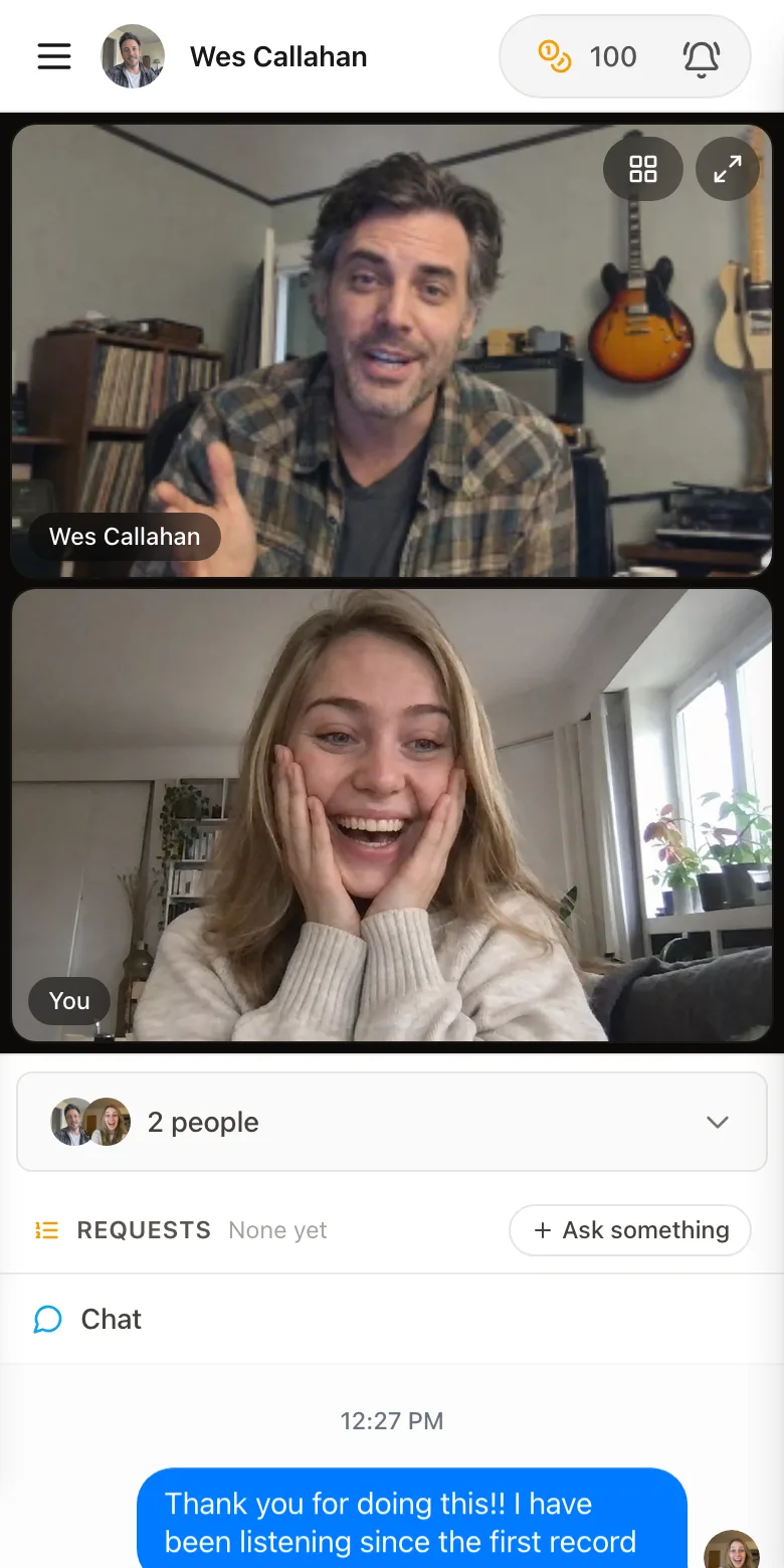 A private StreetTeam meet and greet video call on a follower's phone, the artist in his home studio above the follower's own camera