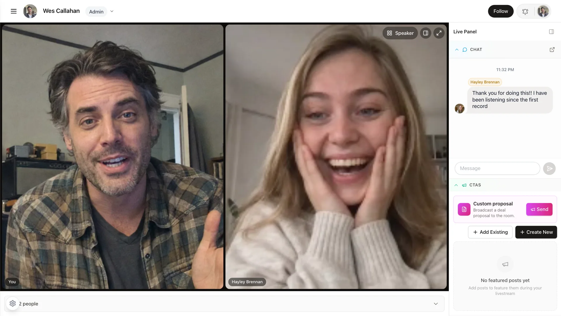 A private StreetTeam meet and greet video call between an artist in his home studio and a fan, side by side, with the call chat and a custom proposal panel open